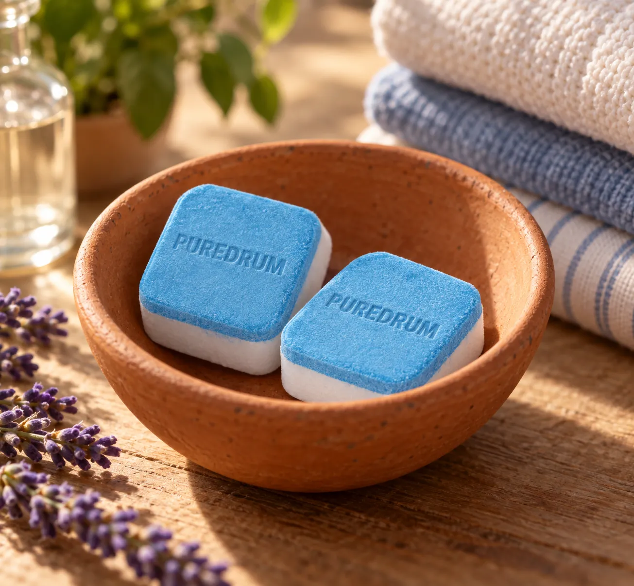 PUREDRUM tablets in a terracotta bowl beside neatly folded towels