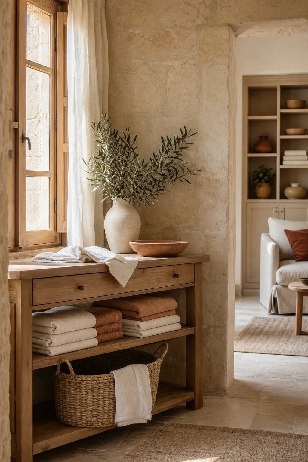 A sunlit Maltese home with limestone walls, folded towels and a woven laundry basket
